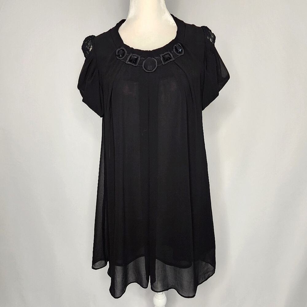 Ryu Black Lace Sleeve Gem Neck Dress